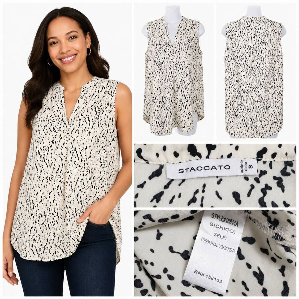 Staccato Women’s Small Black White Animal Print Sleeveless Blouse